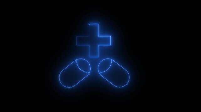 Glowing blue neon capsule icon animation. Neon medicine icon motion graphic animation for treatment, hospitality, health care on black background.4k video