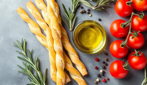 Delicious grissini sticks, rosemary, oil and fresh tomatoes on grey textured table