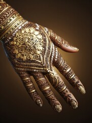 Obraz premium Authentic Henna Mehendi Body Art with Intricate Gold Detailing on Hand Premium Cultural Tattoo for Modern Lifestyle and Creative Marketing Campaigns