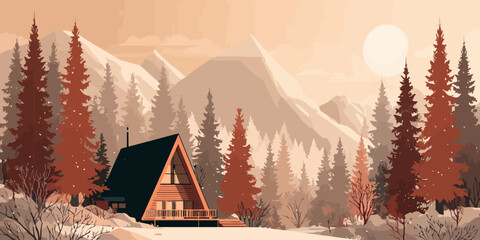 Stylized A-frame cabin retreat in a tranquil mountain forest with warm, hazy light.