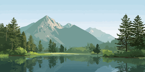 Vector illustration of a tranquil mountain lake reflecting a lush pine forest and distant peaks.