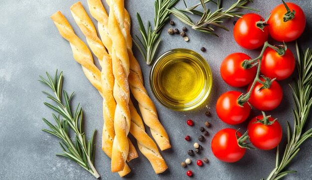 Delicious grissini sticks, rosemary, oil and fresh tomatoes on grey textured table