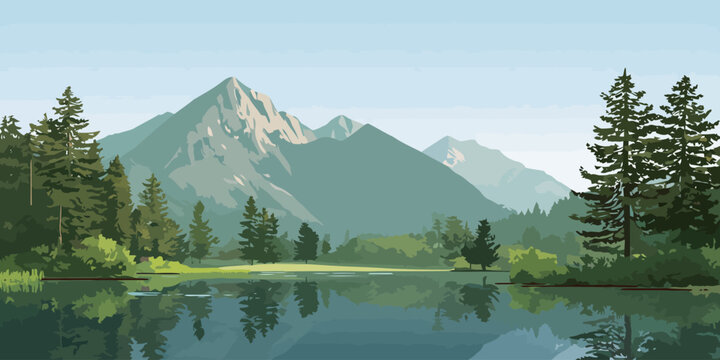 Vector illustration of a tranquil mountain lake reflecting a lush pine forest and distant peaks.
