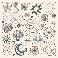 Fototapeta premium A collection of handdrawn vector illustrations the set includes various swirls stars suns and other celestial bodies 1