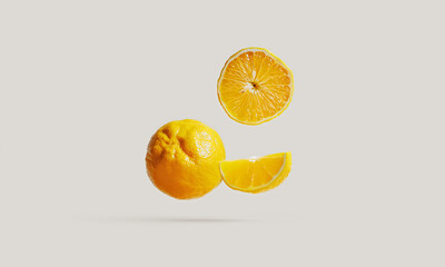 Deconstructed fresh Japanese yuzu fruit levitating on a minimalist background. Concept of a natural ingredient for cosmetic innovation, clean beauty, healthy food, citrus flavor and vitamin c.