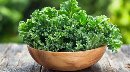 Fototapeta premium A wooden bowl filled with fresh kale leaves on a rustic wooden table with a blurred green background.