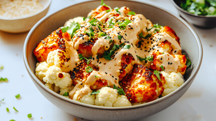Delicious roasted cauliflower bowl with creamy tahini sauce, a healthy gourmet recipe for vegan, keto, and plant-based comfort food diet.