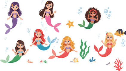 Cute mermaids underwater, colorful cartoon characters, girls with fish tails, sea creatures, bubbles, coral reefs, fantasy ocean scene illustration