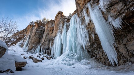 Magnificent Ice Formations Cascading Down Rocky Cliffs in Winter Landscape at Sunset