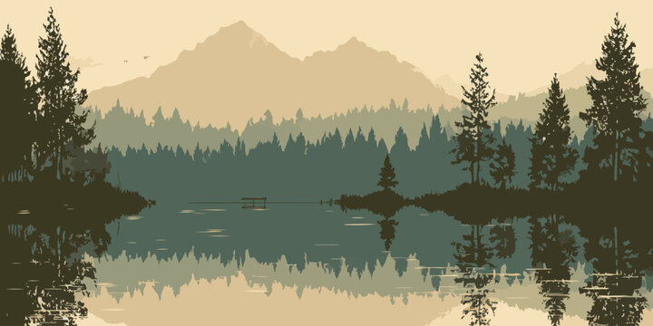 Stylized landscape of a tranquil mountain lake with pine forest silhouettes and reflections.
