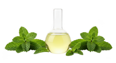Mint oil in a clear glass bottle isolated on transparent background