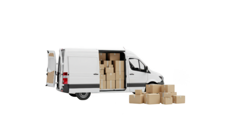 White van loaded with boxes open on transparent background