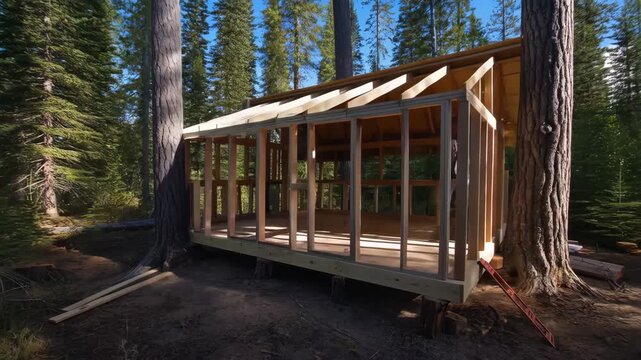 Time lapse transition showing construction workers building a wooden cabin in the middle of a forest from foundation to frame.