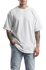 Fototapeta premium Stylish man wearing a blank white t-shirt and jeans against a black background