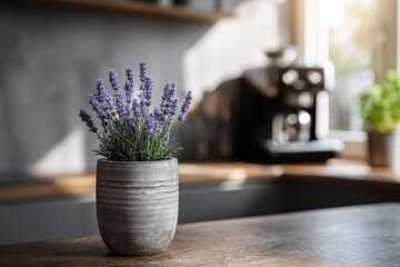 Lavender sprigs in a gray pot on a wooden kitchen counter
