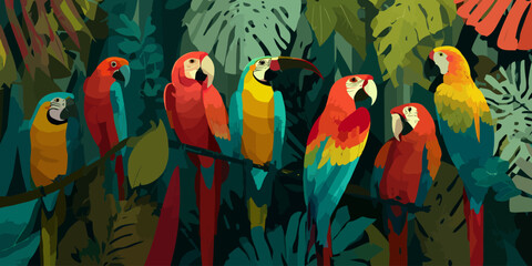 A vibrant flock of stylized red and blue-and-yellow macaw parrots perched together on a branch.