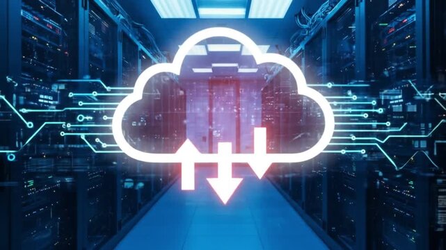 Modern server room with glowing cloud, data processing and networking for your business needs