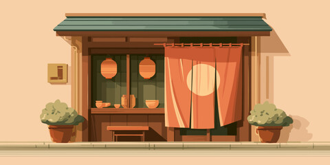 Illustrated traditional Japanese shop facade with a noren curtain, paper lanterns, and a wooden bench.