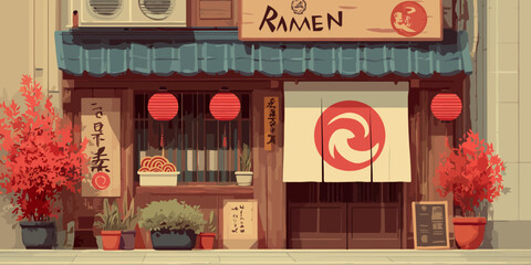 Illustrated facade of a traditional Japanese ramen shop with red lanterns, a noren curtain, and a wooden sign.