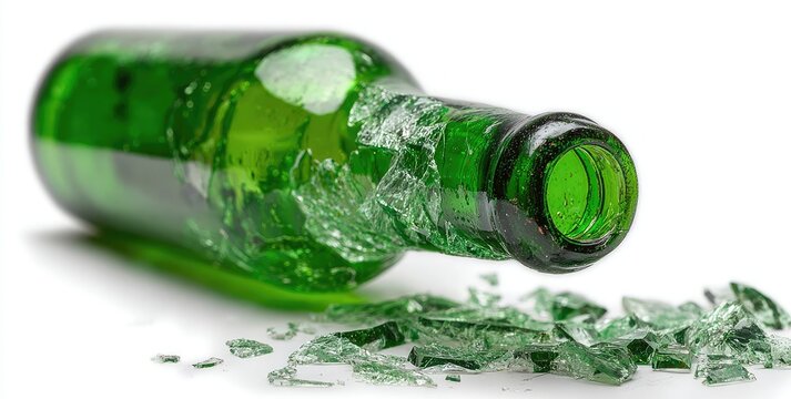 Broken green glass bottle on white background