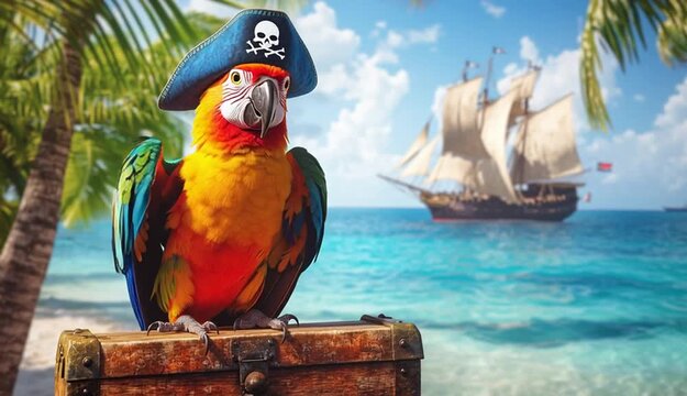 colorful parrot wearing a pirate hat with a skull and crossbones emblem, perched confidently on an old, weathered treasure chest
