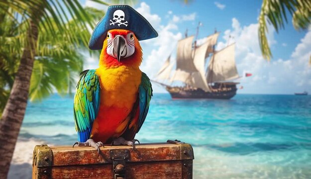 colorful parrot wearing a pirate hat with a skull and crossbones emblem, perched confidently on an old, weathered treasure chest