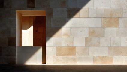 Sunlight casts geometric shadows on a light beige tiled wall.  A recessed alcove with a light-filled opening