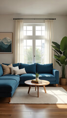 Fototapeta premium Cozy living room blends modern, Scandinavian styles. Features blue sectional sofa, round coffee table with books, plant, light rug, large window with natural sunlight. Mountain landscape artwork,