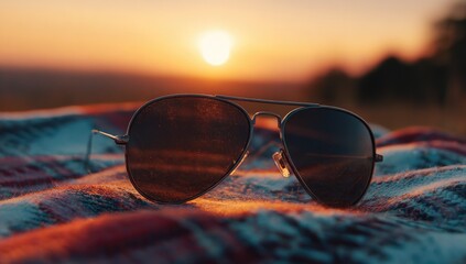 Aviator sunglasses resting on a plaid blanket at sunset