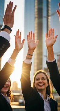 Business team celebrating success with high five at sunset in city.