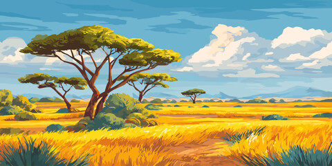 Vibrant vector illustration of an African savanna with golden grasslands and acacia trees under a sunny sky.