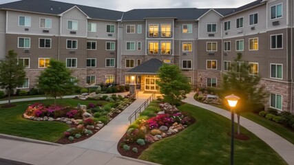 Inviting senior living community entrance in tranquil setting with vibrant gardens and warm lighting