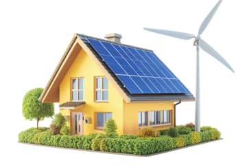 Eco friendly house with solar panels and wind turbine isolated on transparent background
