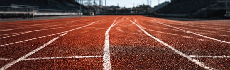 Red running track with white lines in a stadium