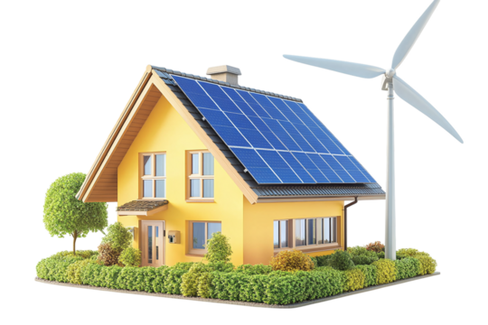 Eco friendly house with solar panels and wind turbine isolated on transparent background