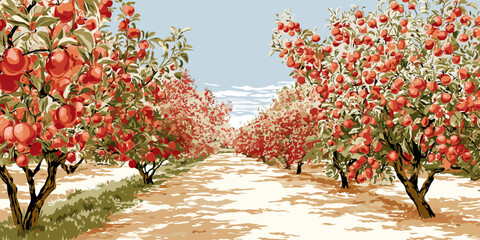 Vibrant, stylized illustration of a bountiful apple orchard with rows of fruit-laden trees.