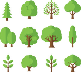 Fototapeta premium Flat tree icon set, cartoon green forest illustration, minimal nature vector design, isolated foliage and trunk shapes for eco concepts.