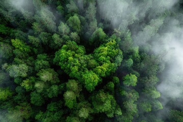 Aerial view of a dense forest, shrouded in mist
