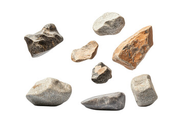 Collection of various rough stone fragments isolated on transparent background