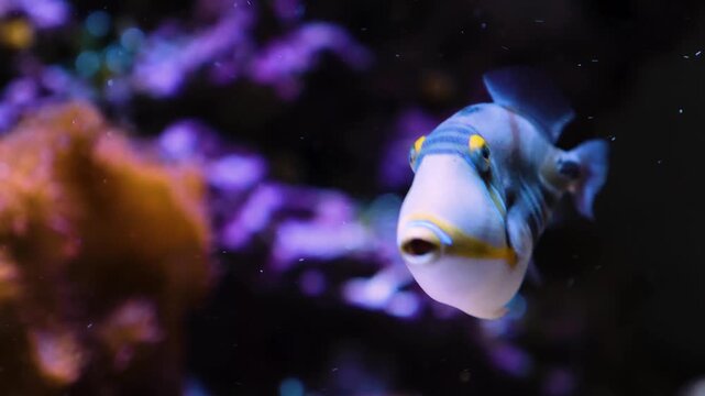 Close up of a Picasso fish swimming around a reef underwater