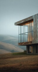 Modern house on a hilltop, overlooking a hazy landscape