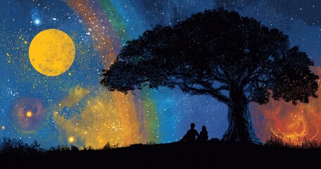 Couple under a tree at night