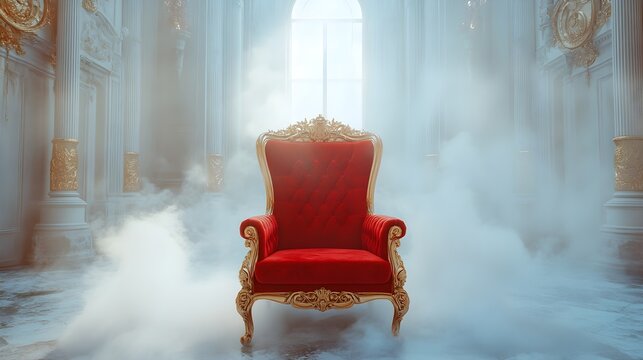 Ornate Red Velvet Throne in Misty Palace Interior with Golden Accents and Columns