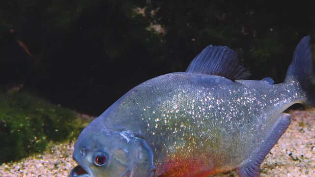 A piranha or pira&ntilde;a, close up of head swimming around beside water plants underwater