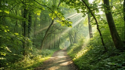 Obraz premium Sunbeams filtering through lush green forest canopy onto a path