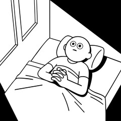 Abstract character lying awake in bed with open eyes unable to sleep, symbolizing insomnia, overthinking, anxiety, stress, restless mind, sleepless night, mental health struggle and emotional fatigue 