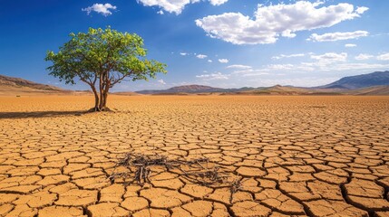 A lone tree stands in the middle of a dry, cracked desert landscape, with a blue sky and white clouds overhead.