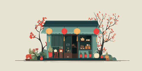 Charming Asian teahouse illustration with hanging lanterns and blossoming trees.