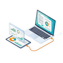 Modern laptop and tablet displaying financial charts and data analytics transparent background