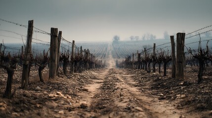 Serene Path Through a Foggy Vineyard Landscape in Early Morning